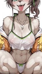1girl ai_generated alternate_breast_size blush body_fur breasts brown_hair cleavage collarbone covered_nipples decurse furry furry_female hair_ribbon jewelry large_breasts looking_at_viewer mole mole_on_breast natsuiro_matsuri navel necklace open_mouth panties pom_pom ribbon see-through side_ponytail simple_background solo tongue tongue_out underwear virtual_youtuber white_background
