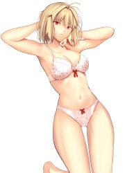 1girl absurdres antenna_hair arcueid_brunestud arm_behind_head arms_up bare_arms bare_legs blonde_hair bow bow_bra bow_panties bra breasts commentary feet_out_of_frame floral_print highres iro_(sekaixiro) large_breasts looking_at_viewer navel panties red_bow red_eyes short_hair simple_background solo stomach thigh_gap thighs tsukihime tsukihime_(remake) underwear white_background white_bra white_panties
