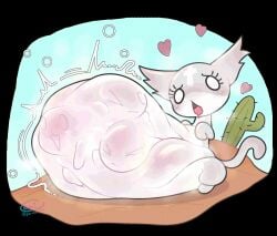bulging_belly bulging_stomach cat cat_ears cat_tail desert feline female_pred heart marshmallow_(mewgenics) mewgenics rumbling_stomach struggling struggling_prey vore