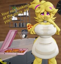 3d 3d_(artwork) apron apron_only artist_logo artist_name bedroom_eyes blender chiku chiku_(cryptia) cup enticing fredina's_nightclub furry indoors kitchen muffintop20 pizza pizza_box pizza_slice plate self_upload smile talking talking_to_viewer text watermark