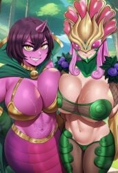 2girls ai_generated big_breasts boobs boobs_bigger_than_head breastplate breasts breasts_bigger_than_head ceresmon ceresmon_medium colored_skin digimon digimon_(species) female female/female female_focus female_only genderbend genderswap genderswap_(mtf) horn light-skinned_female light_skin looking_at_viewer markings mask masked masked_female olympos_xii pink_hair pink_skin purple_hair rule_63 sweat sweating sweaty sweaty_body sweaty_breasts take_your_pick tattoo