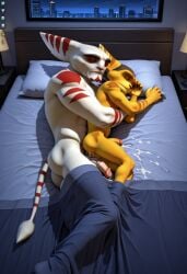 2boys after_sex age_difference ai_generated alister_azimuth anthro anthro_on_anthro cum cum_in_ass cum_leaking feline feline_humanoid furry gay gay_male green_eyes hotel_room hydrai lombax male male/male male_only night nighttime orange_fur ratchet_(ratchet_and_clank) ratchet_and_clank red_eyes size_difference sleeping striped_body stripes white_fur