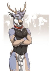 2015 antlers balls blue_eyes blue_fur bottomless cervine clothed clothing collar deer fuckie fur half-dressed horn jaiy male male_only mammal rubber sheath solo