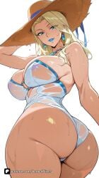 1girl ai_generated artist_name ass bare_shoulders blonde_hair blue_eyes blue_lips breasts cleavage earrings emma_frost emma_frost_(marvel_rivals) hat jewelry large_breasts lipstick long_hair looking_at_viewer makeup marvel marvel_comics marvel_rivals o-ring one-piece_swimsuit parted_lips patreon questionable see-through senpai_pixels simple_background smile solo straw_hat sun_hat swimsuit thick_thighs thighs wet white_background white_queen x-men