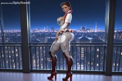 1girl ai_generated apex_legends ass breasts brown_hair building city cityscape cyberpunk hi_res high_quality high_resolution large_breasts loba_(apex_legends) looking_at_viewer looking_back night patreon seductive sexy skyscraper solo spicytoonai standing uncensored watermark