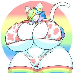 1boy anthro big_breasts bikini breasts bulge busty_boy cleavage cow_print cow_print_bikini finley_(theycallhimcake) furry huge_breasts male male_with_breasts tagme thick_thighs tyltran wide_hips