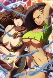 2girls big_breasts black_dress black_eyes black_hair black_panties black_underwear breasts breasts_out brown_eyes brown_hair chun-li chun-li_(battle_ouffit_sfv) dress exposed_breasts female fighting_stance highleg highleg_panties large_breasts laura_matsuda long_hair multiple_girls official_alternate_costume panties pantyshot pantyshot_(standing) short_shorts street_fighter street_fighter_v thick_thighs thighs underboob underwear