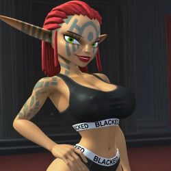 1girls ai_assisted ai_generated ashelin_praxis big_breasts blacked blacked_clothing busty child_bearing_hips cleavage covered_nipples edit erect_nipples_under_clothes grok jak_and_daxter large_breasts midriff navel pose posing red_lipstick sensual sexy sexy_pose smile solo sports_bra teeth toned wide_hips