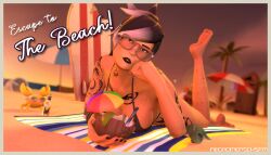beach bikini clevage coconut_drink cristygallagher femscout femscout_(alt_design) femscout_(cristygallagher) femscout_(team_fortress_2) glasses laying_on_stomach nerd nerdy_female punk punk_girl spycrab tattoos tomboy