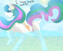 alicorn beach equine female feral friendship_is_magic furry furry_only hair hasbro horn mammal multicolored_hair my_little_pony partially_submerged partially_underwater_shot pokeality_love princess_celestia_(mlp) pussy seaside sun_glare underwater wading water wings