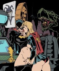 2d 2girls artist_request athletic athletic_female batgirl batman_(series) blonde_hair blue_eyes busty dc dc_comics female female_focus hourglass_figure lesbian long_hair supergirl superman_(series) tagme wide_hips yuri