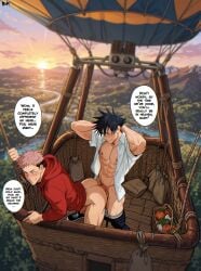 ai_generated ai_generated_image anal_sex balloon big_ass_looover blushing blushing_face blushing_male clothed_sex dialogue flying fushiguro_megumi gay gay_anal gay_sex homosexual homosexual_sex itadori_yuuji jujutsu_kaisen romantic romantic_sex sky smile smiling