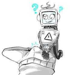 1boy 1girls ? android anon anonymous_artist anonymous_male artist_request blush blushing blushing_at_partner boner clothed curious dont_hug_me_im_scared duo electracey erect_penis erection erection_under_clothes female for_a_head hands_on_hips human human/robot looking_at_partner looking_at_penis looking_down machine male male/female male_pov non-human on_back on_knees on_lap question_mark robot_girl sketch smile smiling unknown_artist wire wire_hair wires