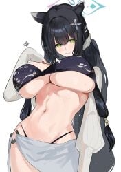 blue_archive blush closed_mouth hand_on_breast huge_breasts official_alternate_costume shun_(blue_archive) smile swimsuit thick_thighs underboob wide_hips