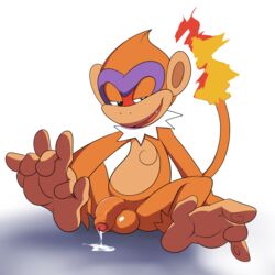 1boy anthro balls barefoot between_toes fire flaccid foot_focus front_view humanoid_penis jerseydevil looking_away male male_only mammal monferno naughty_face nintendo nude partially_retracted_foreskin penis pokémon_(species) pokemon precum precum_string primate sitting solo spread_legs spreading toony uncut video_games