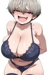 1girl 1girls ai_generated big_breasts blue_eyes bra breasts fang female female_focus female_only grey_hair grin hands_behind_back lingerie lingerie_only looking_at_viewer mrnails panties short_hair shortstack skin_fang smug solo solo_female stockings uzaki-chan_wa_asobitai! uzaki_hana white_background