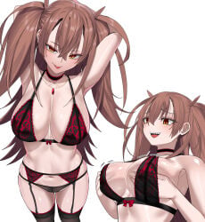 1girl absurdres armpits arms_behind_head arms_up bare_shoulders black_panties black_thighhighs blue_notuki blush bra breasts brown_hair choker cleavage commentary_request dr._arach garter_belt highres jewelry large_breasts long_hair looking_at_viewer multiple_views navel necklace open_mouth orange_eyes panties red_bra smile thighhighs tongue tongue_out tsukihime tsukihime_(remake) two_side_up underwear