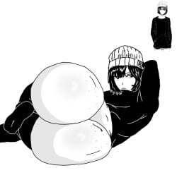 ass black_and_white black_hair butt dat_ass female female_only freckled_butt freckles futarosaiina hoodie huge_ass jenna masculine_female monochrome original_character solo_female thighhighs tomboy tomboyish