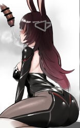 1boy 1girl after_fellatio animal_ears ass ass_focus bar_censor black_leotard black_pantyhose blush breasts brown_hair censored covered_eyes cum cum_in_mouth cum_string facing_away fine_fabric_emphasis flaccid foreshortening gradient_hair headgear highres hololive hoshara huge_ass large_breasts leotard long_hair mechanical_arms mechanical_legs multicolored_hair nontraditional_playboy_bunny pantyhose rabbit_ears roboco-san see-through_clothes see-through_pantyhose sitting solo_focus steaming_body very_long_hair virtual_youtuber wariza