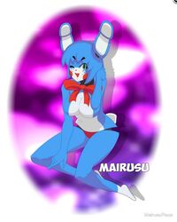 ;d animatronic blue_fur blue_hair bow_tie breasts female female_only five_nights_at_freddy's five_nights_in_anime fur green_eyes legs looking_at_viewer mairusu-paua mechanical open_mouth rabbit rabbit_ears red_panties robot rule_63 shadow smile solo tail toy_bonnie_(fnaf) white_background