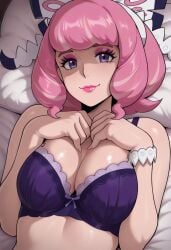 1girl 1girls ai_generated bangs bra breast_press civitai hair_bow hairband klara_(pokemon) lipstick lying_on_back lying_on_bed nintendo omegon20 pink_hair pokemon purple_bra purple_eyes solo stable_diffusion wristband
