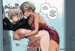 2girls ai_generated black_sweater breasts cum dress english_text futanari girls_band_cry grabbing grabbing_anothers_breast grabbing_from_behind grey_hair kawaragi_momoka large_breasts multiple_girls nipples penis red_dress rupa_(girls_band_cry) sex sex_from_behind short_hair speech_bubble tillian