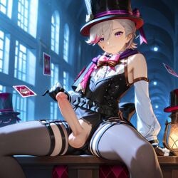 1femboy ai_generated balls blush bottomless embarrassed femboy feminine_male gay genshin_impact girly hoyoverse ian8766_(artist) lyney_(genshin_impact) male male_only mihoyo partially_clothed penis precum ruins self_upload shy sissy submissive_pov taker_pov testicles trap yaoi