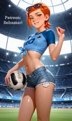 aged_up ai_generated ben_10 blush fit gwen_tennyson looking_at_viewer mature_female orange_hair paid_reward_available patreon petite sebassart sexy short_hair slim_waist smile soccer soccer_ball soccer_uniform solo sportswear sweat tight_clothing