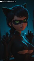 ai_generated aiuniverse56 bangs black_hair bodysuit braid cat_ears cat_noir covered_nipples domino_mask glowing_eyes green_eyes green_sclera lady_noire long_hair marinette_dupain-cheng mask medium_breasts miraculous:_tales_of_ladybug_and_cat_noir miraculous_ladybug single_braid stable_diffusion underboob upper_body
