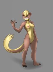 1girls 2016 anthro anthrofied areolae black_claws black_nose blonde_hair breasts brown_fur claws female fur furry grey_background hair highres long_hair lurkingtyger mongoose navel nintendo nipples nude pink_nipples pink_nose pokemon pokemon_sm pokemorph pussy sharp_teeth simple_background solo standing tail teeth toe_claws yellow_fur yungoos