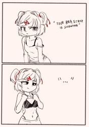 2d 2d_(artwork) 2d_artwork bob_cut bra bra_strap_is_showing_(meme) chibi cute doki_doki_literature_club english_text flashing flashing_breasts jpg lifting_shirt meme monochrome natsuki_(doki_doki_literature_club) pigtails pink_hair projektxi01 questionable short_hair showing_breasts smirk smirking text tsundere twitter_link wholesome x_hair_ornament