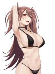 1girl absurdres armpits arms_behind_head arms_up bare_shoulders black_bra black_panties blue_notuki blush bra breasts brown_hair choker cleavage commentary_request covered_nipples dr._arach grin highres large_breasts long_hair looking_at_viewer navel open_mouth orange_eyes panties smile solo tsukihime tsukihime_(remake) two_side_up underwear