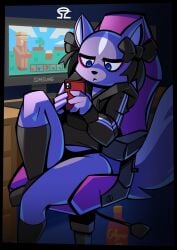 1girl adorable aggressive_retsuko aggretsuko alvh_omega blue_eyes bottle bow bows cellphone color computer_monitor female_only fluffy_tail furry_only gaming_chair hi_res high_boots looking_away minecraft panties purple_body purple_fur samsung sanrio shikabane_(aggressive_retsuko) shikabane_(aggretsuko) solo_female sweater thick_thighs villager_(minecraft) voluptuous wide_hips