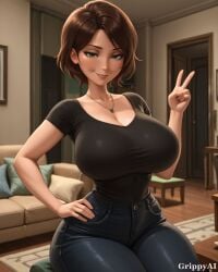 1girl 2d ai_generated anime_style big_hero_6 black_tshirt blue_jeans brown_hair cass_hamada cleavage detailed_eyes detailed_face green_eyes grippyai high_quality huge_breasts looking_at_viewer peace_sign shiny_skin short_hair sitting smile solo