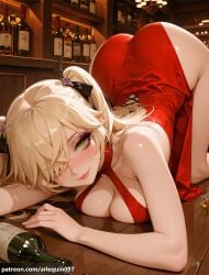 1girl ai_generated alcohol all_fours arlequin097 ass bar_(place) bare_arms bare_shoulders black_ribbon blonde_hair blush bottle breast_press breasts cleavage closed_mouth cocktail_dress criss-cross_halter cup dress drinking_glass eyeshadow fischl_(genshin_impact) genshin_impact green_eyes hair_ornament hair_over_one_eye hair_ribbon halterneck indoors large_breasts lips long_hair looking_at_viewer makeup medium_breasts mihoyo on_floor patreon_username red_dress ribbon sleeveless sleeveless_dress smile solo spill top-down_bottom-up twintails two_side_up wooden_floor