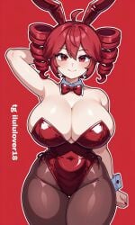 1girls ai_generated artist_name bunnysuit kasane_teto red_background red_eyes red_hair red_leotard solo watermark