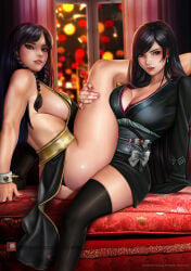 2girls alternate_costume alternative_hairstyle ass bed big_breasts black_dress black_thighhighs breasts brown_eyes brown_hair chun-li chun-li_(battle_ouffit_sfv) cleavage dress female final_fantasy final_fantasy_vii final_fantasy_vii_remake holding_another's_leg kimono large_breasts long_hair multiple_girls official_alternate_costume red_eyes sideboob sitting_on_bed street_fighter street_fighter_6 street_fighter_v thick_thighs thighhighs thighs tifa_lockhart yiqiang yuri