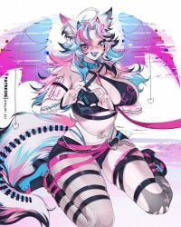 1girl 1girls ahoge animal_ear_fluff animal_ears asymmetrical_legwear black_shorts blue_eyes blue_hair blue_tongue body_freckles breast_freckles breasts cleavage colored_tongue facial_mark fangs female freckles hair_ornament heart heart_facial_mark heart_hands heterochromia highres horns indie_virtual_youtuber large_breasts long_hair multicolored_hair navel open_mouth pink_eyes pink_hair ravenna_nya shegumy_ket shorts single_fishnet_legwear sitting snake_tattoo solo tail tattoo thick thick_thighs thigh_freckles thigh_strap thighs tits virtual_youtuber vtuber white_hair wide_hips wings