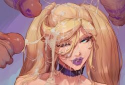 1boy ahegao ai_generated blonde_hair blue_eyes blush bukkake bustybunz choker collar commentary_request cum_drip cum_on_body cum_on_face cum_on_hair cum_string eyelashes femboy huge_penis lipstick long_hair looking_at_viewer makeup mascara multiple_penises nude one_eye_closed penis purple_lipstick tagme tongue_out twintails winking