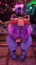 assaultron breasts christmas_outfit fallout fallout_(series) fallout_4 gift nipples robot robot_girl standing thick_thighs thighs