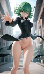 1girl 1girls 3d ai_generated black_dress bottomless curly_hair green_hair kosine1777 one-punch_man public public_nudity pussy small_breasts tatsumaki wind_lift