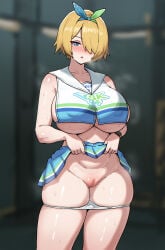 1girls alternate_version_at_source alternate_version_available bibita_(zee_s) big_breasts blonde_hair blue_eyes blush breasts censored cheerleader_uniform feet_out_of_frame female female_only girls'_frontline girls'_frontline_2:_exilium groin hairband large_breasts lifted_by_self looking_at_viewer mole mole_under_eye mosaic_censoring nikketa_(dance_like_the_blazing_sun)_(girls'_frontline_2) nikketa_(girls'_frontline_2) panties panties_down pussy short_hair skirt skirt_lift steam steaming_body sweat sweatdrop underboob vsk-94_(girls'_frontline)