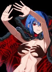 1girl arms_up blue_hair blush breasts ciel_(tsukihime) cloak commentary_request convenient_censoring from_below fur-trimmed_cloak fur_trim glowing hand_shadow_covering_breasts_(meme) highres implied_nudity large_breasts looking_at_viewer meme michael_roa_valdamjong naked_cloak nose_blush open_mouth outer_glow possessed red_eyes roa-ciel sidelocks smile solo topless_female tsukihime tsukihime_(remake) vampire weilaizuigao703
