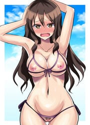 ashigara_(kantai_collection) bikini blush bra breastless_clothes breasts brown_eyes brown_hair crotchless_swimsuit cupless_bra embarrassed fangs female kantai_collection kondou_ryunosuke long_hair looking_at_viewer nipples nude open_mouth pubic_hair pussy pussy_juice revealing_clothes solo swimsuit tears uncensored underwear