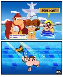 1boys 1girl 2koma ajspillz ball boat bottomless bra bra_only brown_fur brown_hair bubble covering_crotch covering_privates covering_vagina curvy donkey_kong earrings embarrassed flipped_hair gorilla hat humiliation laughing legs making_fun_of mario_bros mario_kart mario_kart_double_dash mario_kart_world monkey mustache necktie nervous no_panties no_shorts pantsing pink_nose plump pointing ponytail pool princess princess_daisy red_necktie resort royalty smile stripes sweat sweatdrop swim_briefs swimming swimsuit tomboy ukiki volleyball_(object) wario water yellow_bra yellow_swimming_trunks