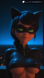 ai_generated aiuniverse56 bodysuit cat_ears cat_noir covered_nipples domino_mask glowing_eyes green_eyes green_sclera lady_noire marinette_dupain-cheng mask medium_breasts miraculous:_tales_of_ladybug_and_cat_noir miraculous_ladybug stable_diffusion underboob upper_body