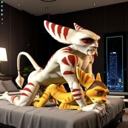 2boys age_difference ai_generated alister_azimuth anal anal_sex anthro anthro_on_anthro bed doggy_style eyes_closed feline feline_humanoid furry gay gay_male green_eyes hotel_room hydrai lombax male male/male male_only orange_fur ratchet_(ratchet_and_clank) ratchet_and_clank red_eyes size_difference striped_body stripes white_fur