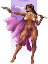 1girls abs big_breasts black_hair breasts dark-skinned_female dark_skin dejah_thoris female gun loincloth muscular muscular_female shamserg solo sword