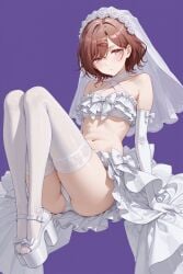 ai_generated bikini brown_hair higuchi_madoka underwear wedding wedding_dress wedding_veil white_stockings