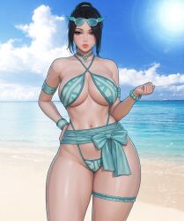 1girls ai_assisted armband beach bead_bracelet belly_button bikini black_hair blue_eyes blue_swimsuit bow_ribbon bracelet choker_jewel choker_necklace clouds criss-cross_straps eyelashes female female_only gemini hair_tie hand_on_hip hourglass_figure inner_sideboob large_breasts light-skinned_female lipstick looking_at_viewer midriff narrow_waist necklace ocean ocean_background one_hand_on_hip outline pelvic_line ponytail pose realistic_background rgomez007 ribbon ribbon_accessory seductive_look self_upload sideboob skimpy_clothes skindentation sky solo_female stable_diffusion standing sun sunglasses_on_head sunny swimsuit thick_lips thick_thighs thighband tied_clothing underboob voluptuous waist_accessory warm_lighting wide_hips wristband